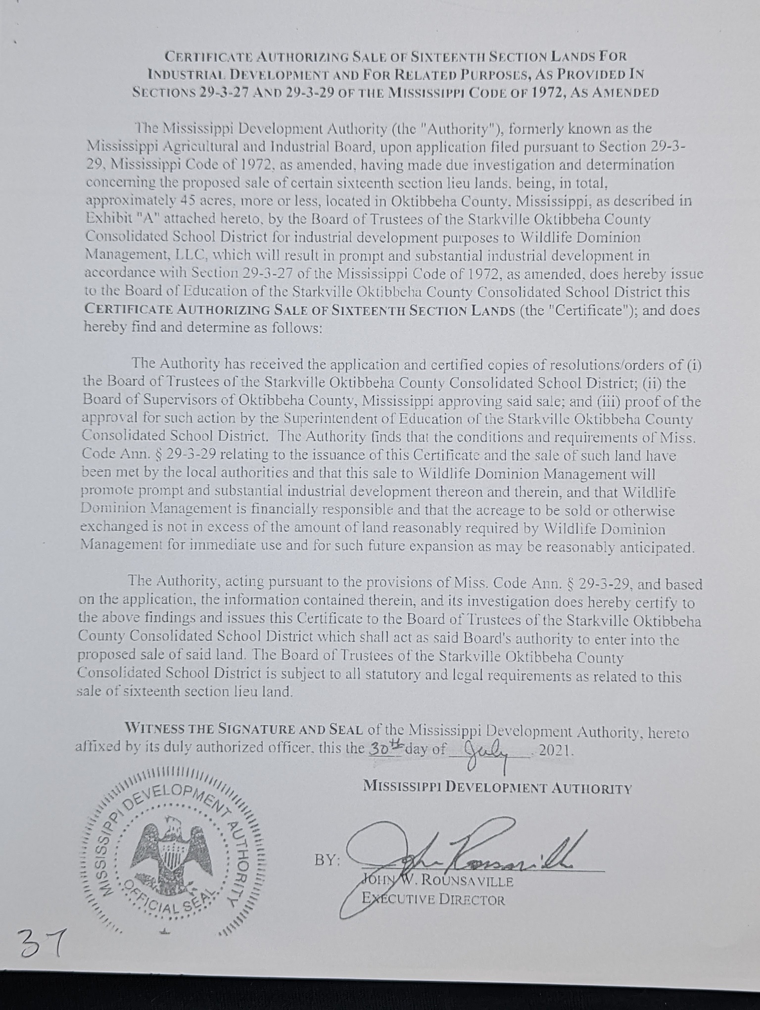 Certificate Authorizing Sale of Section 16 Land