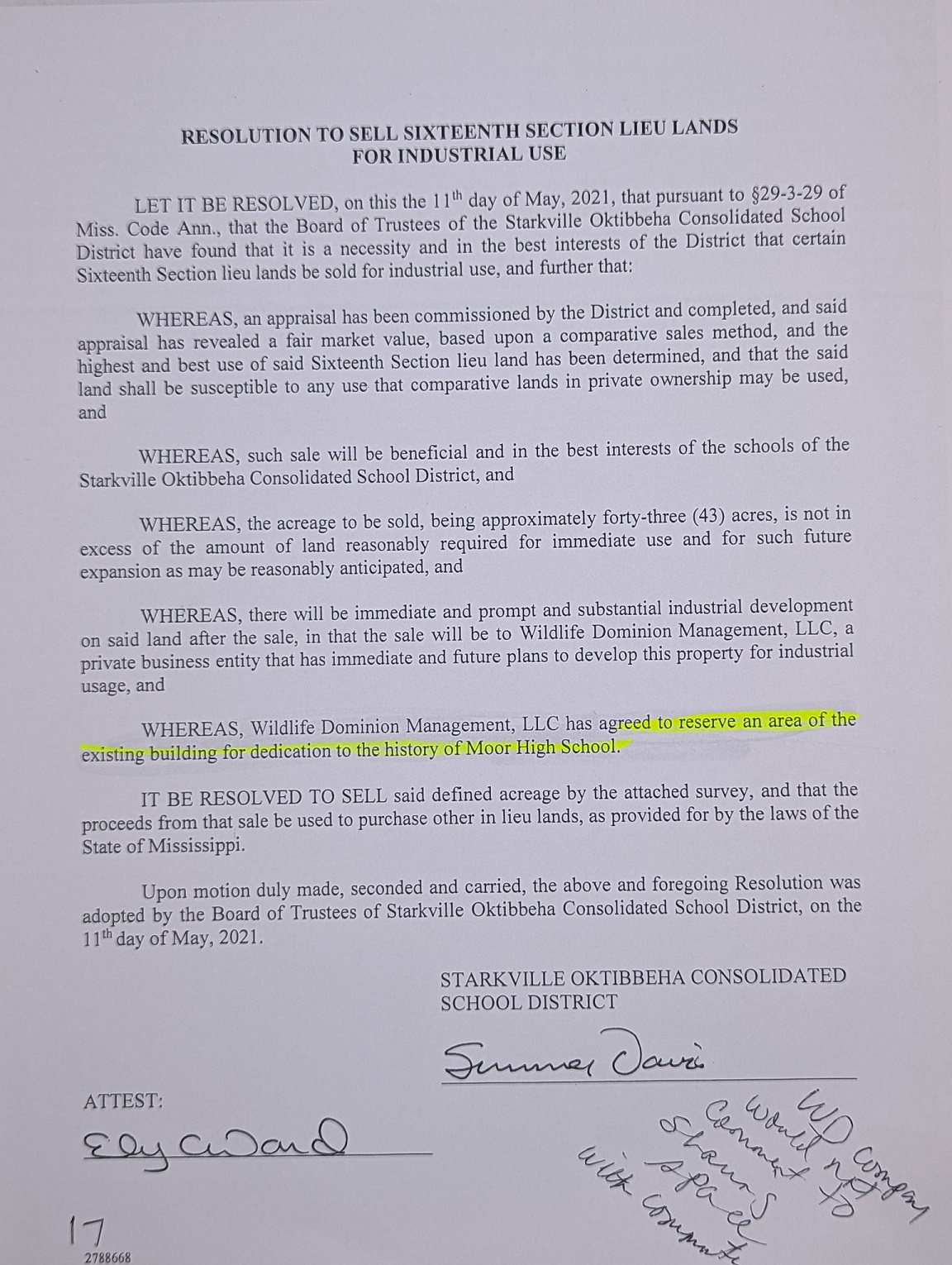 Resolution to Sell Section Sixteenth Lieu Lands For Industrial Use